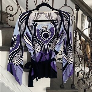 Cyrus Ladies Purple and Black Patterned Knit Top with belt Size Medium